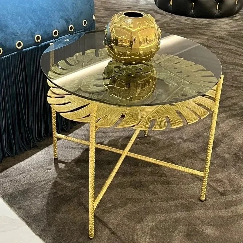 

Light luxury and high-end edge, metal glass, round tree leaf corner, living room, double-layer sofa edge