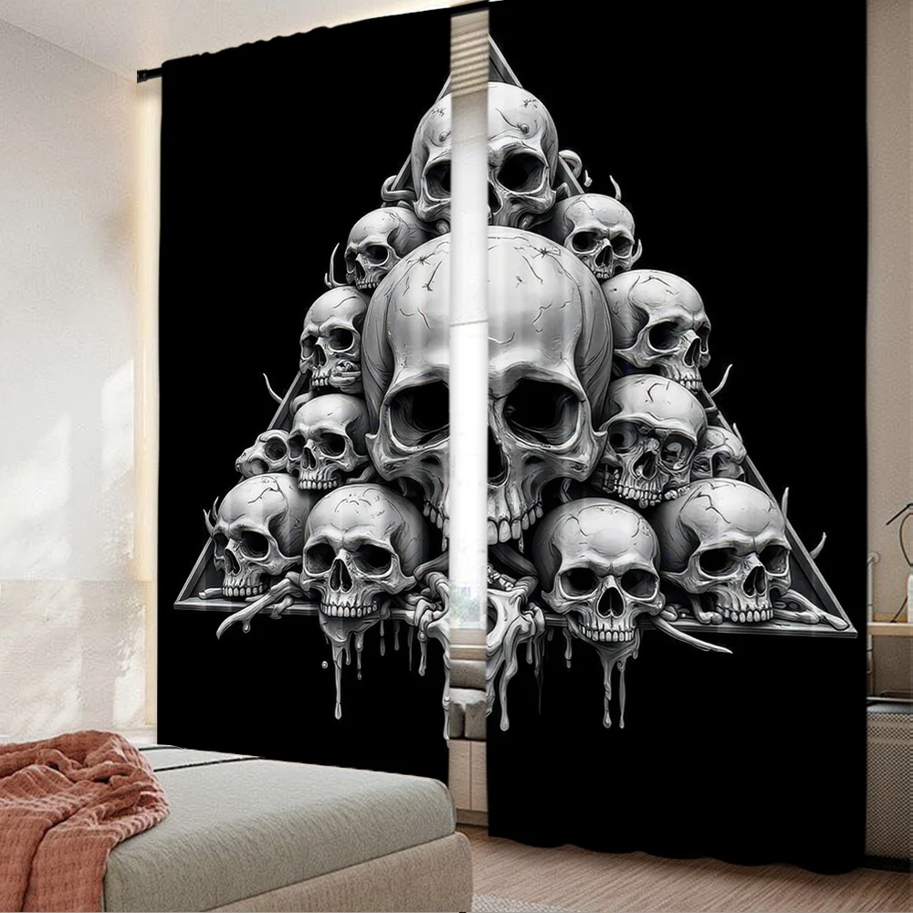 2D-Flachdruck, 2 Stück, Vorhang, Partyvorhang, Halloween, Totenkopf, Dreieck, digital bedruckte Polyester-Vorhänge, saisonale Party- und Feiertagsvorhänge