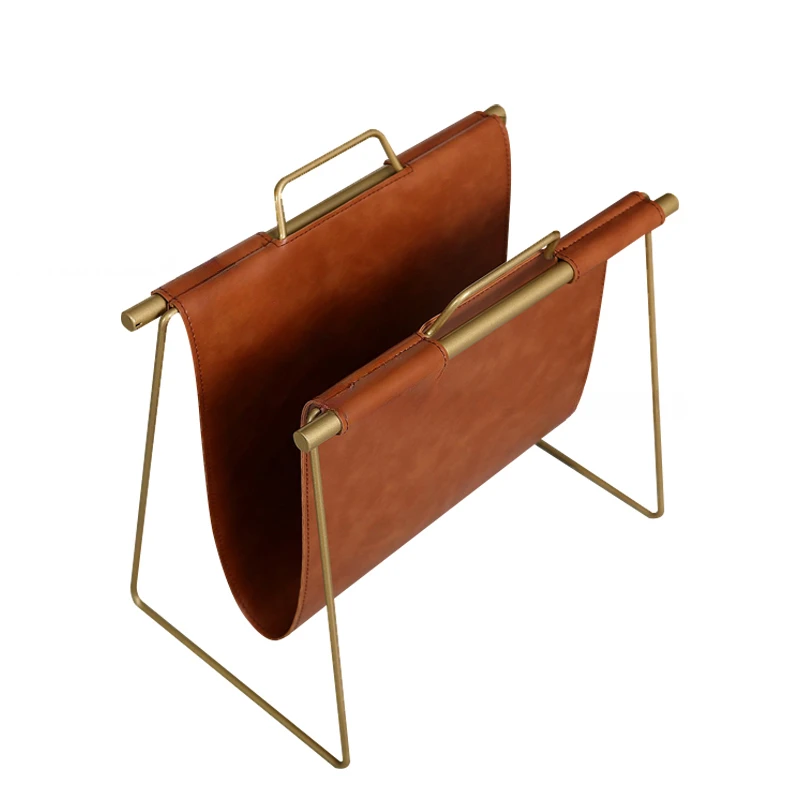 

Nordic Golden Metal Magazine Rack Double Layer PU Leather Bookshelf File Book Organizer Shelves Book Holder Newspaper Storage