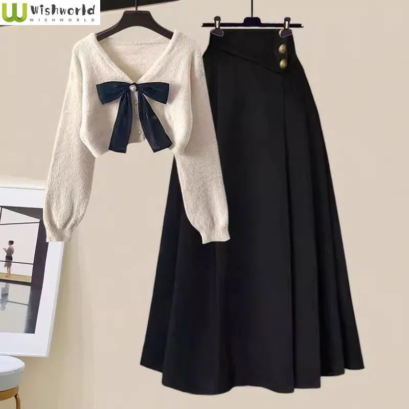 

Spring and Autumn Fashion Women's Set New Korean Edition Fashion Knitted Shirt Top+Reduced Age Skirt Two Piece Set