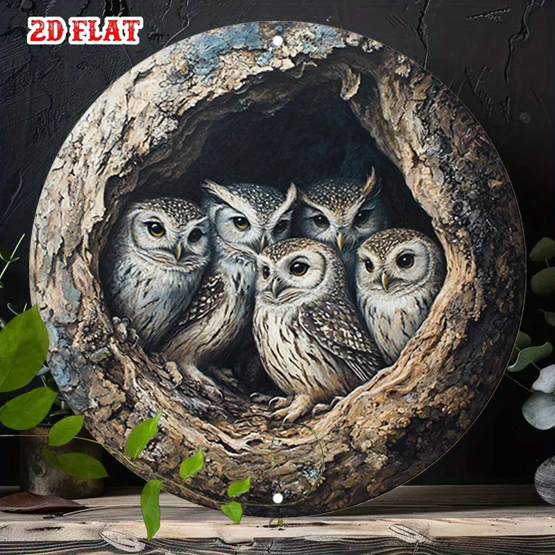 [2D Flat] Vintage Aluminum Wall Art - Five Owlets in Snug Tree Hollow, Round Metal Sign for Living Room or Garden Decor, Frame