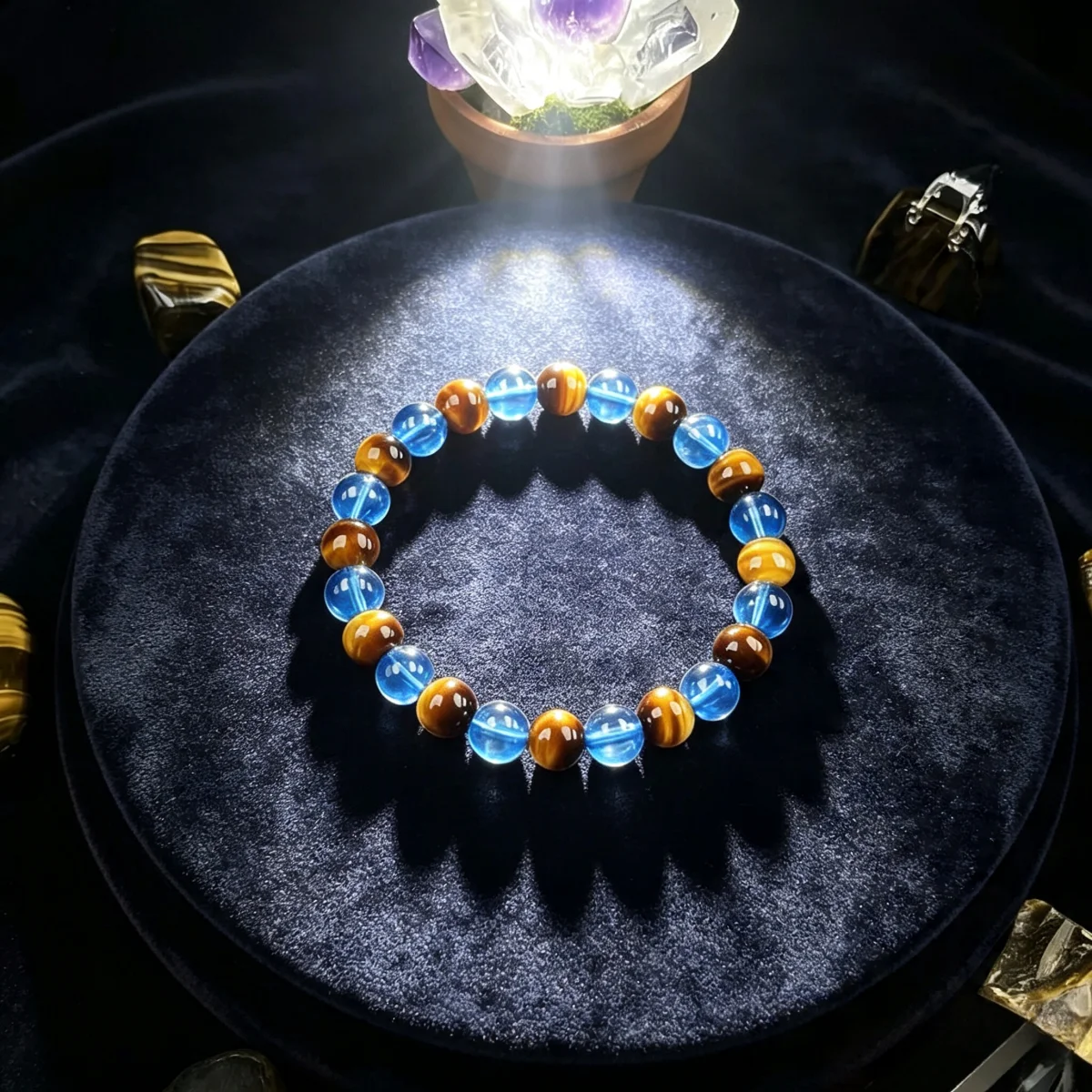 Gelbes Tigerauge Blaues Glasperlen-Armband zur Anziehung von Reichtum, Wohlstand und Glück, Energie-Kristall-Armband, Unisex-Geschenk-Schmuck – Detail 2