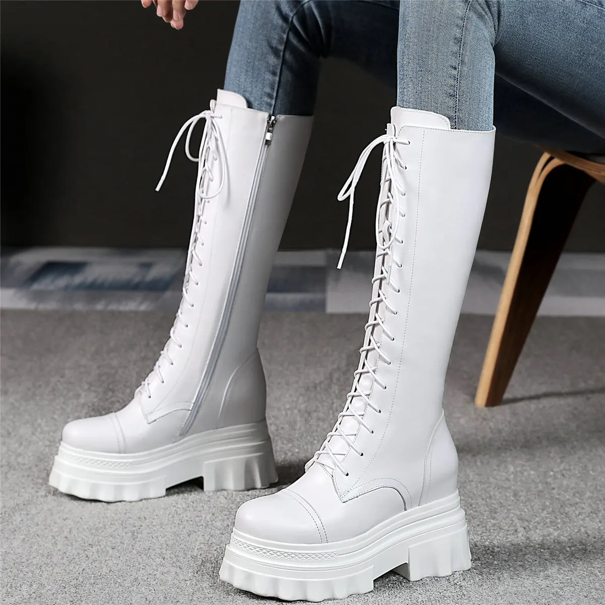 

Winter Fashion Sneakers Women Lace Up Genuine Leather Wedges High Heel Knee High Boots Female Round Toe Platform Pumps Shoes