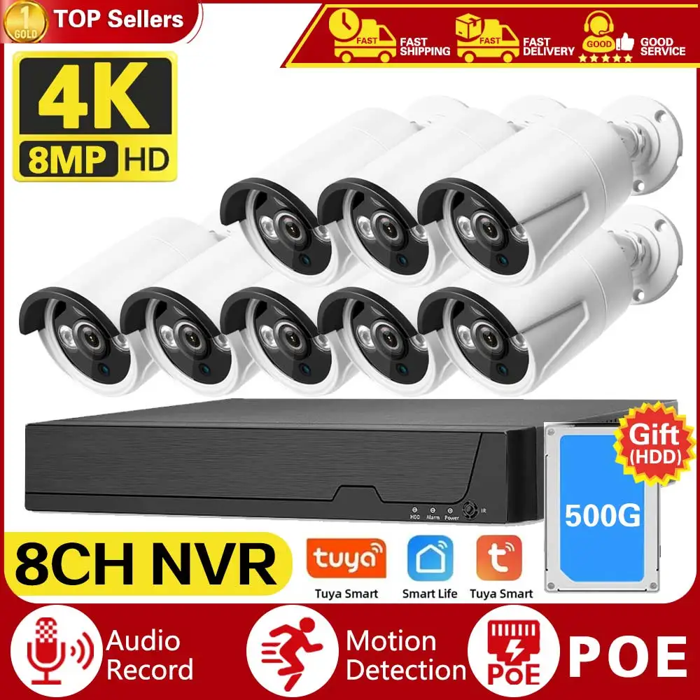 TUYA 8CH POE NVR 8MP Ultra HD Video Surveillance System 4K IR Network POE Camera Built-in Mic IP67 Waterproof CCTV Security Kit