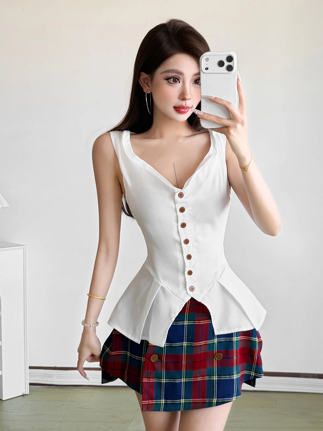 Weird Puss Plaid  Skirt And Blouse Set Women's Summer Fashion Outfit School Uniform Short Skirt with Strap Button down Hem