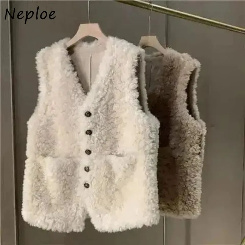 Neploe Lambswool V-neck Coat Vest for Women 2025 Spring Autumn New Sweaters Vests Sleeveless Single Breasted Tops Women