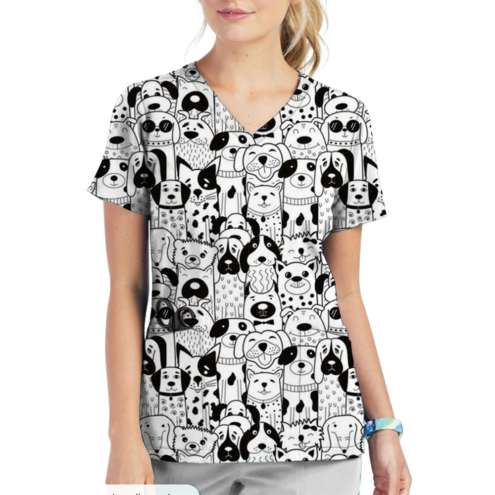 Nurse Uniform Women's Tops V Neck T Shirt Cartoon Cat Dog Printed Tops Uniform Short Sleeve Pockets Medical Female Nurse Uniform