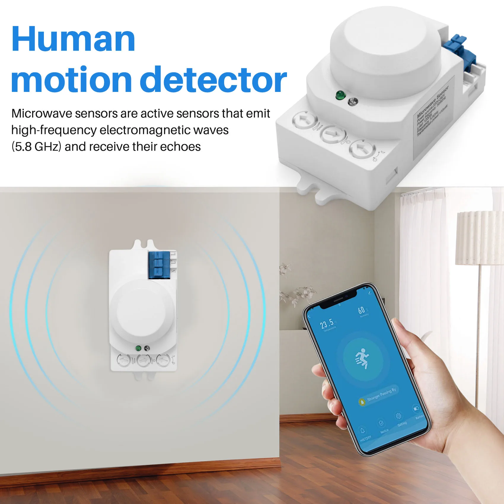 5.8GHz HF System LED Microwave 360 Degree Motion Sensor Light Switch Body Motion Detector,White