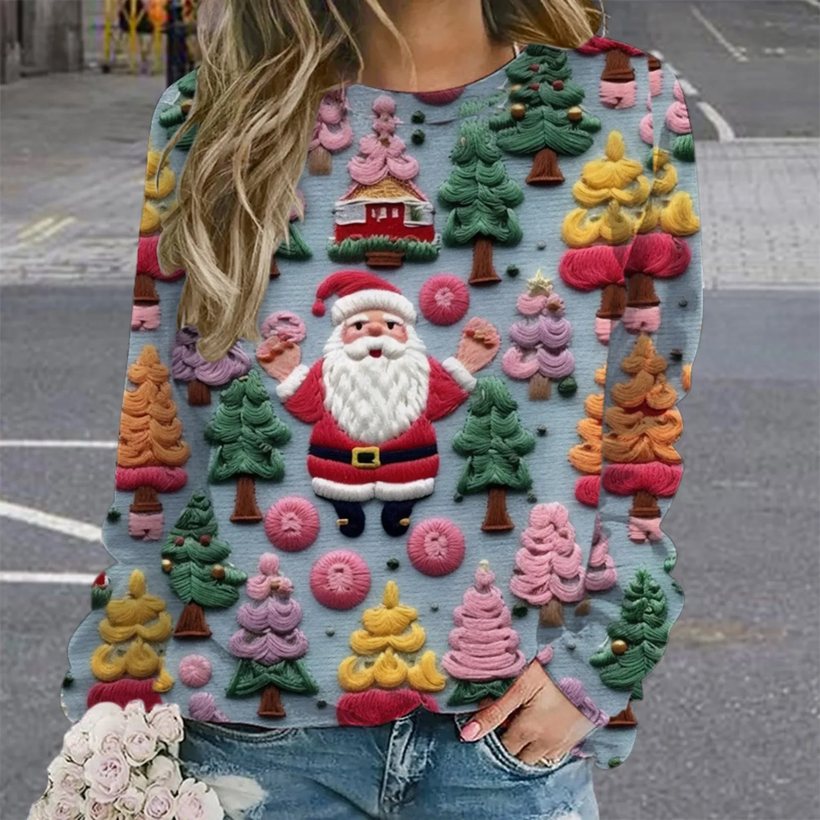 Women Christmas Sweatshirts Cute 3d Santa Claus Graphic Printed Tees Long Sleeve Round Neck Casual Pullover Autumn Women Clothes