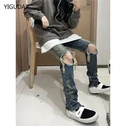 Men Jeans Knee Hole Ripped Stretch Skinny Denim Pants Solid Color Black Blue Autumn Summer Hip-Hop Style Slim Fit Trousers S-3XL