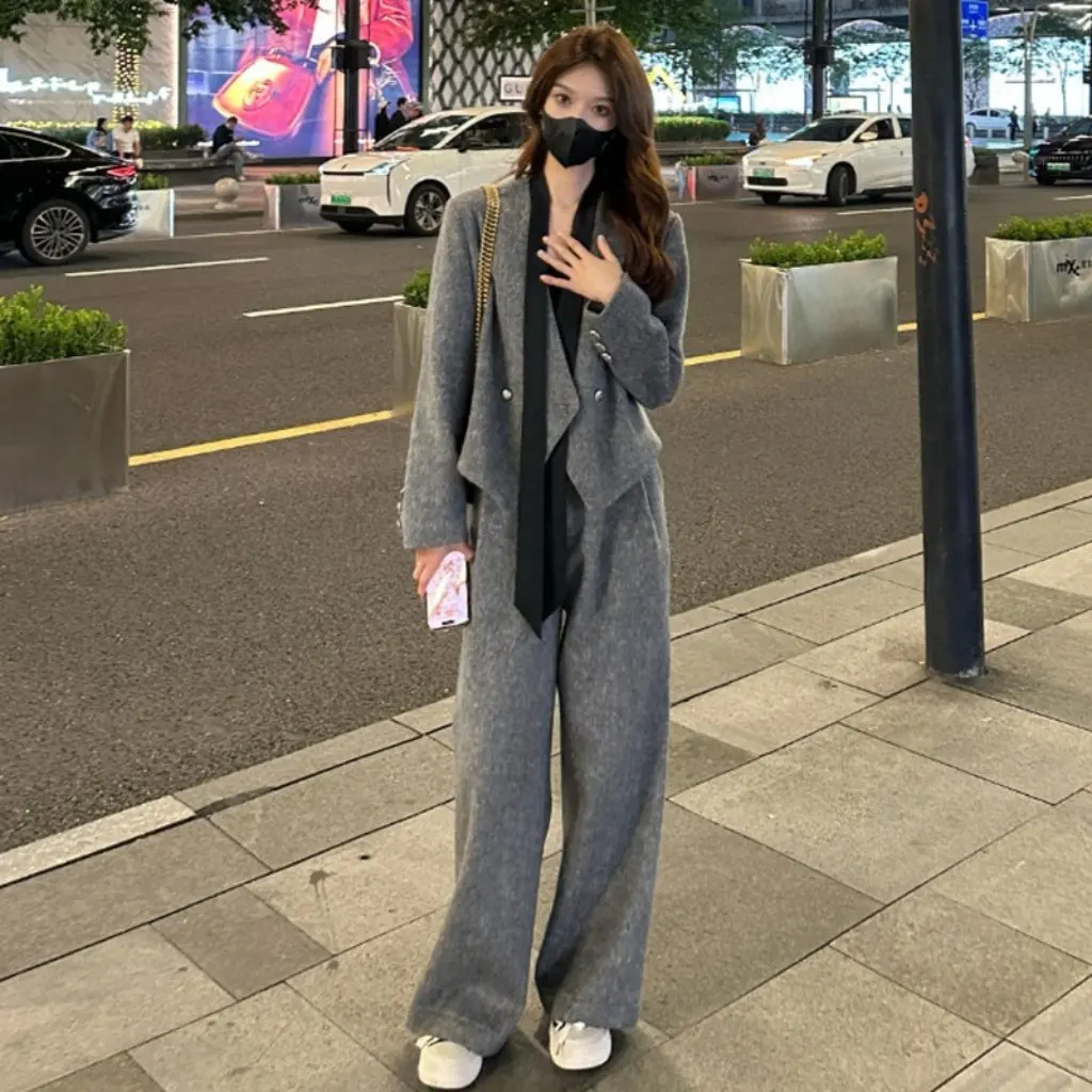 

Женский модный костюм, высококачественный шерстяной пиджак и широкие брюки, комплект из двух предметов, осенне-зимний стильный утягивающий новый стиль