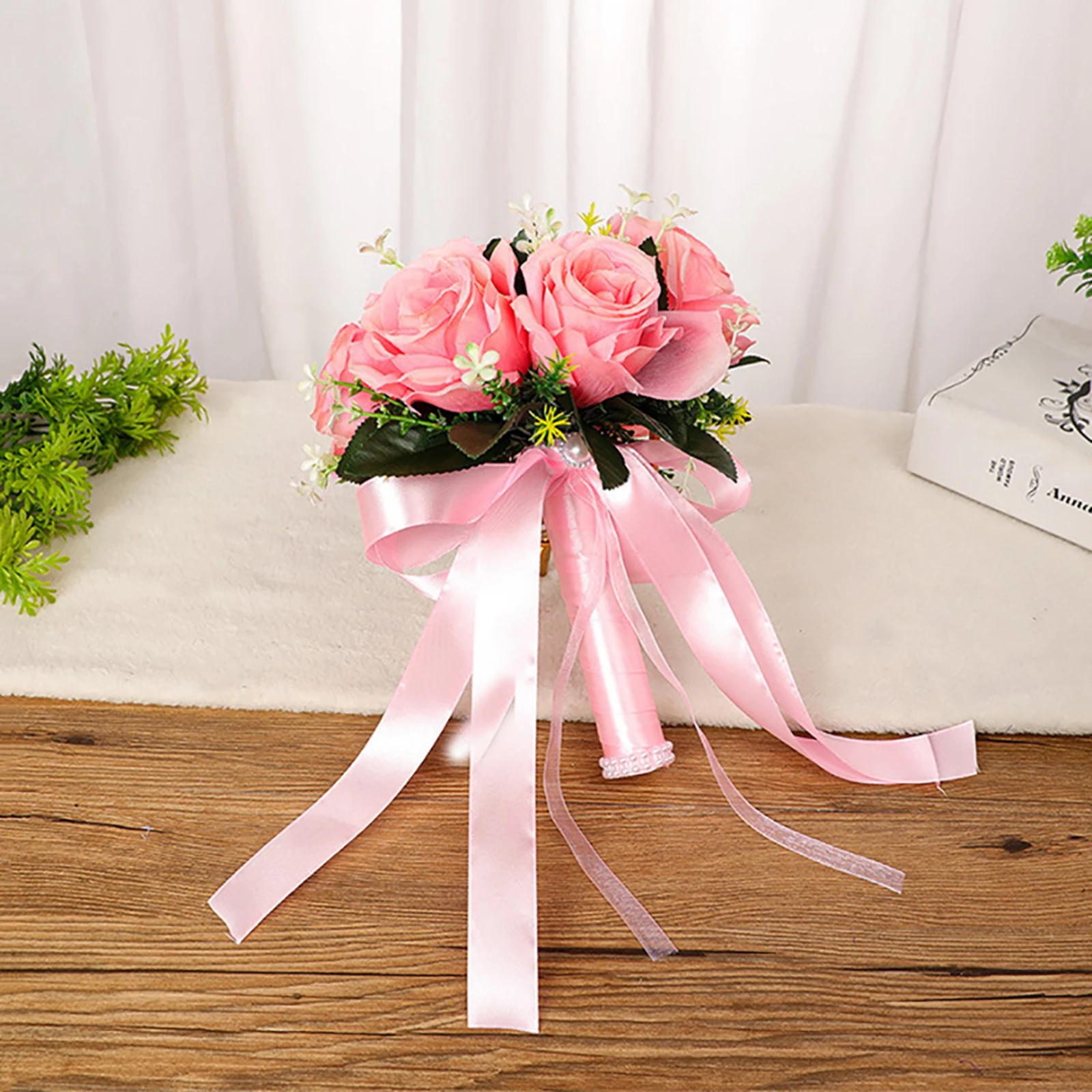 

Romantic Pink/Red Artificial Roses DIY Bridal Floral Bouquets Simulation Bride Bouquet Flowers With Ribbon Wedding Party Decor