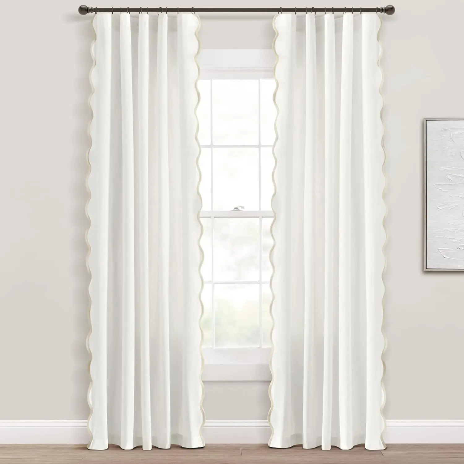 

Coastal Chic Scalloped Edge Light Filtering Curtain Panels Pair for Living Room, 52x84 Inches, Neutral White