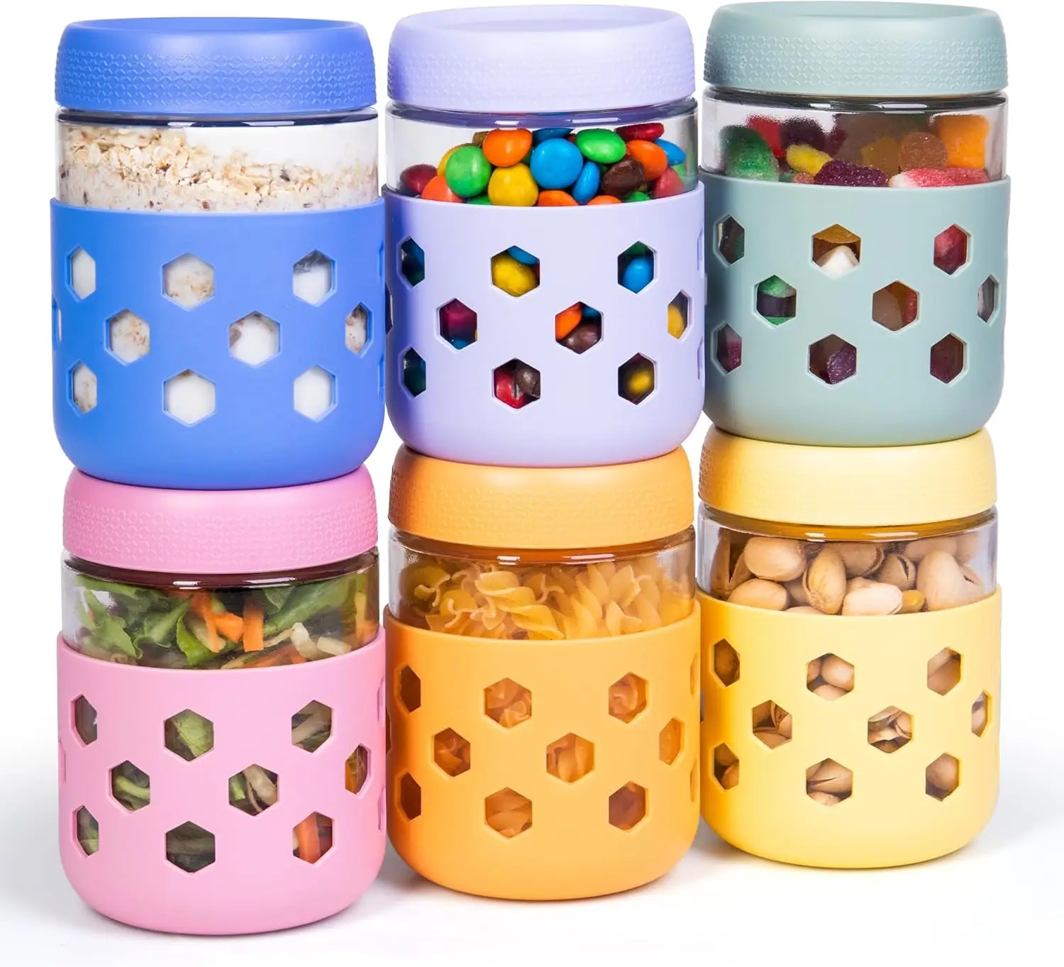 6-Pack 16 oz Overnight Oats Containers with Lids and Silicone Sleeves, Glass Mason Jars with Airtight Lid, Dishwasher Safe, Wide