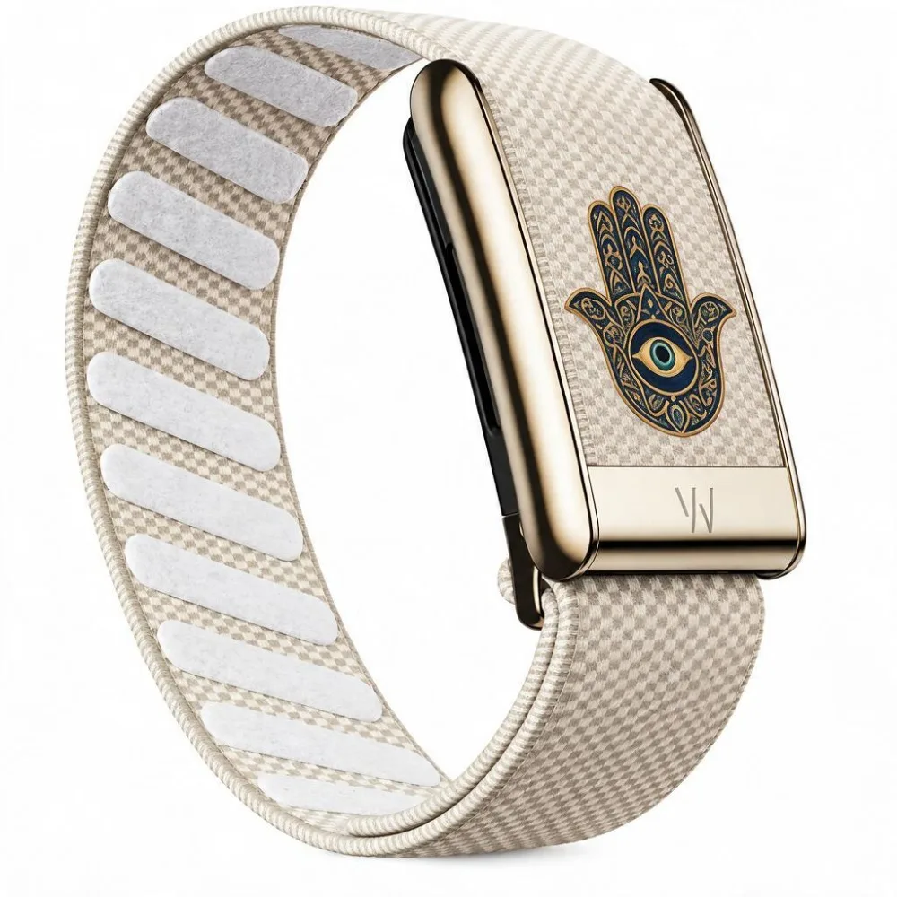 Compatible with WHOOP 5.0 MG Hand of Fatima Print Nylon Woven Elastic Replacement Wristband Metal Sport Strap