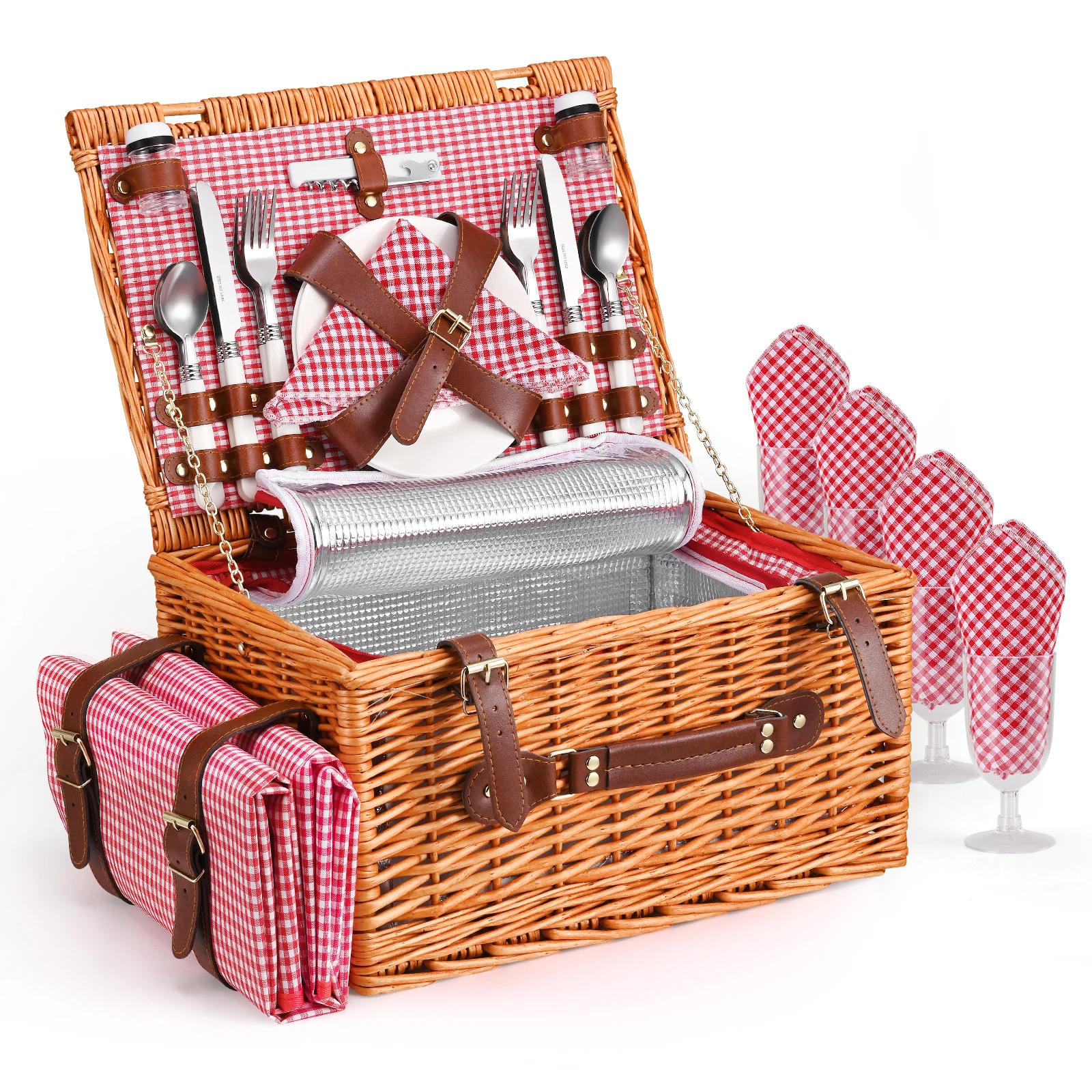 

24PCS Handmade Picnic Basket Wicker Camping Picnic Basket Set for 4 Person with Waterproof Blanket knife Fork Outdoor Picnics