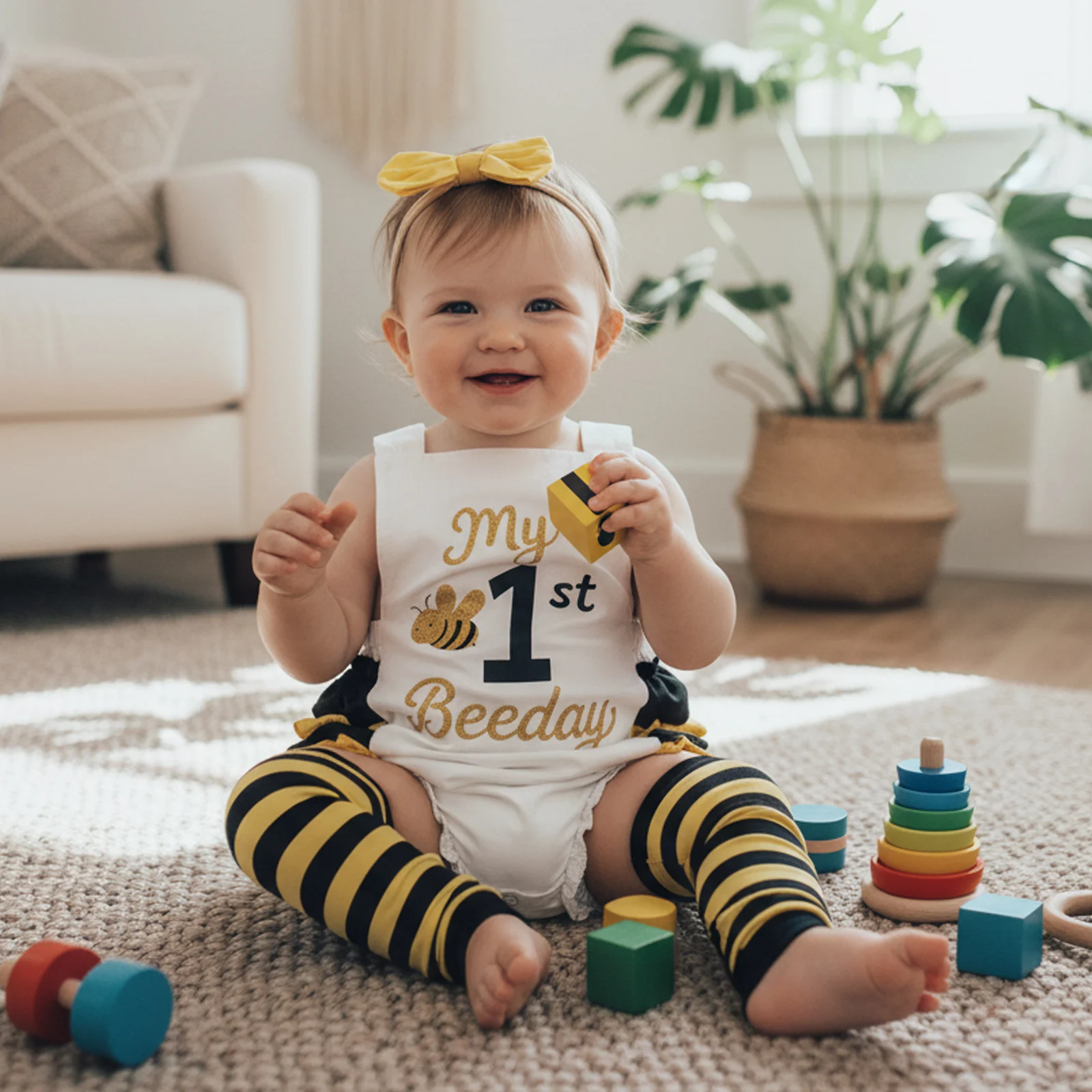

Baby Girl Bee Outfit Set White Sleeveless Romper with Headband & Leg Warmers Set Perfect Birthday Outfit