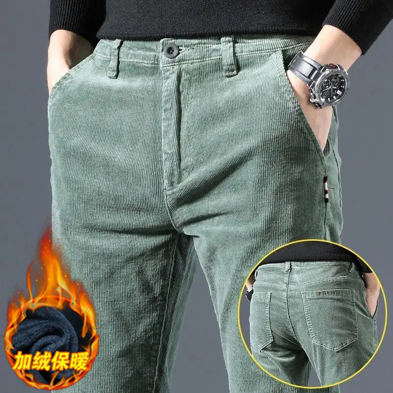 

Men Vintage Fashion Letter Embroidery Corduroy Thick Velvet Casual Pants Autumn Winter Male Solid Slim Pockets Straight Trousers