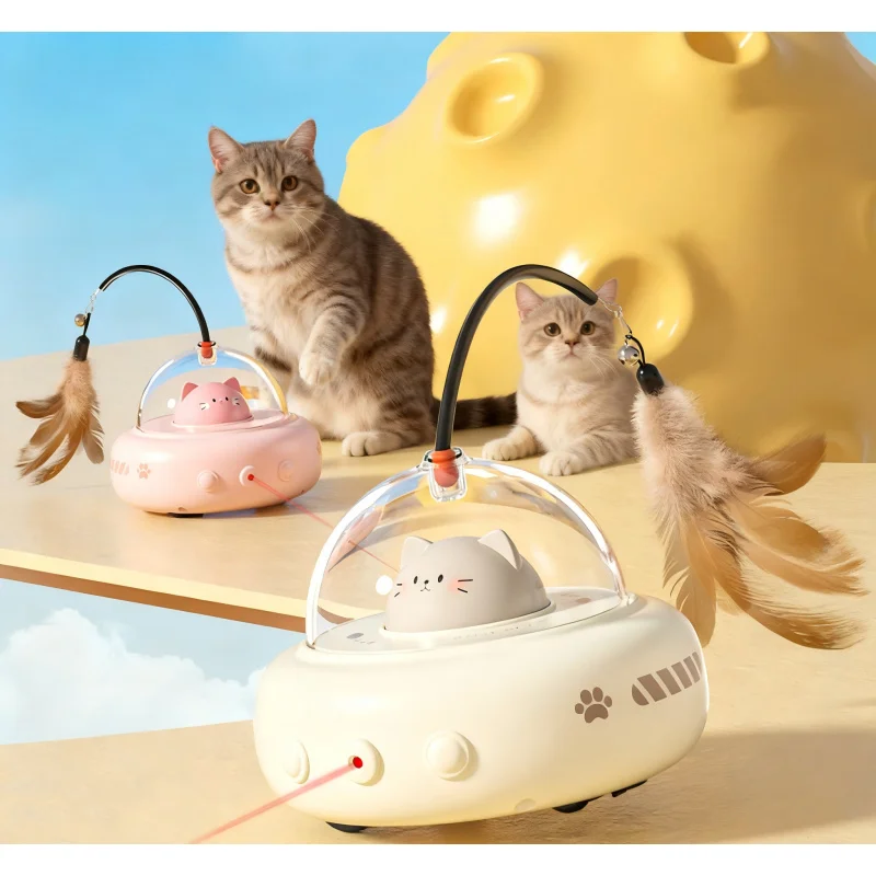 Smart Electric Cat Teaser Toy UFO Automatic Interactive Cat Toy with Feather & Bell, Motion Sensor Laser Cat Toy for Indoor Cats