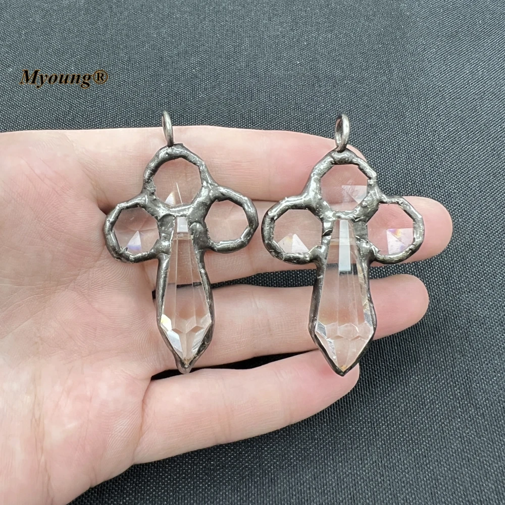 10PCS Soldered Cross Shape Clear Glass Crystal Vintage Necklace Pendant For DIY Necklace Jewelry MY230491