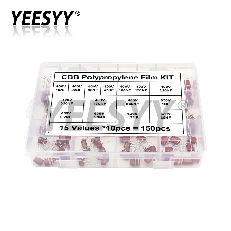 

150pcs CBB Polypropylene Film capacitor Kit 10NF - 68NF 400V 630V Capacitance Assortment Set 22NF 47NF 100NF 220NF 470NF 560NF