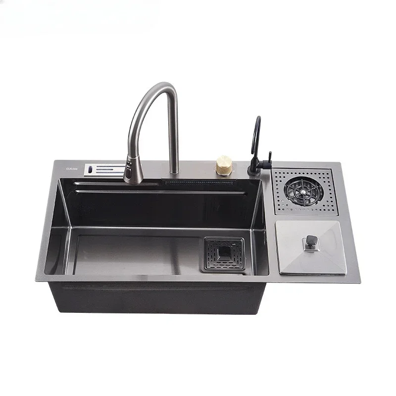 

2024 New Extended Multifunctional Waterfall Faucet Stainless Steel 304 Single Bowl Kitchen Sink with Glass Rinser Garbage Can