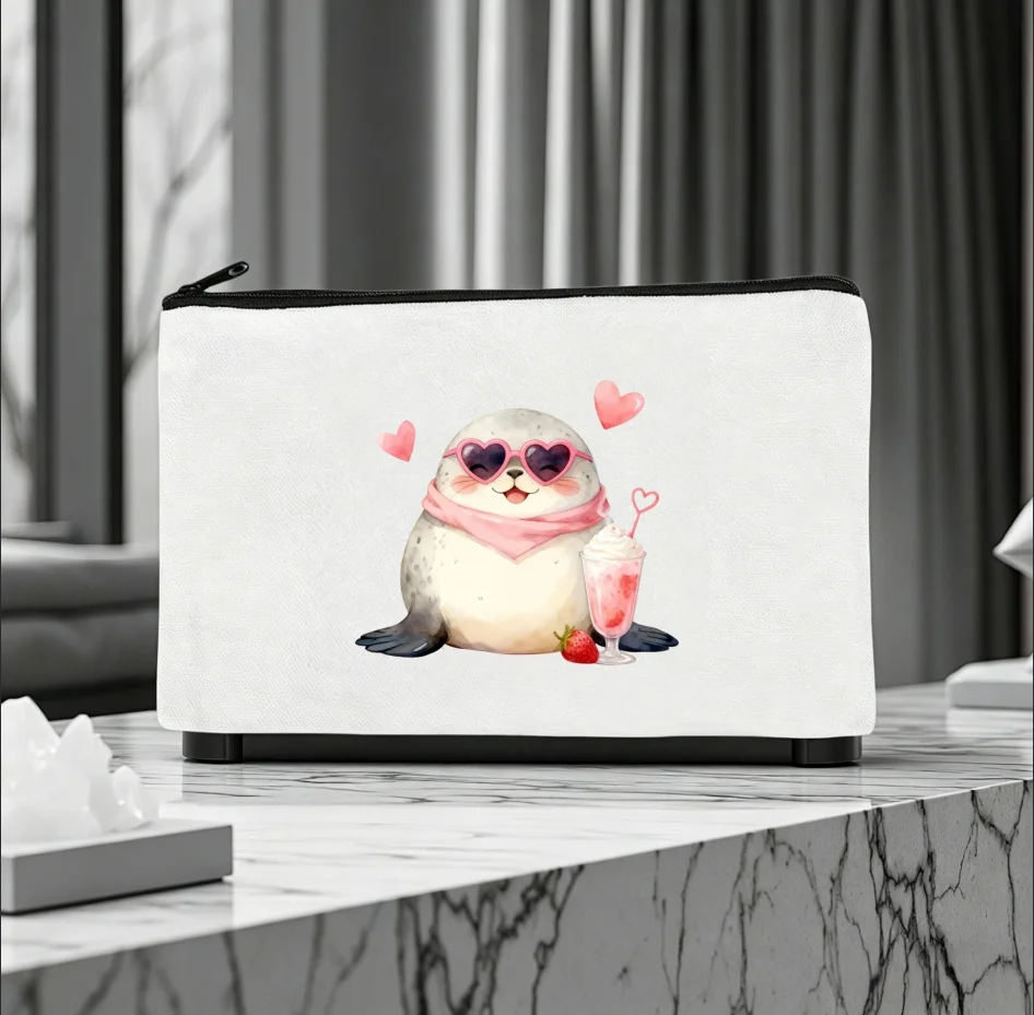 1PC Heart Sunglasses Seal Print Canvas Cosmetic Zipper Storage Pouch