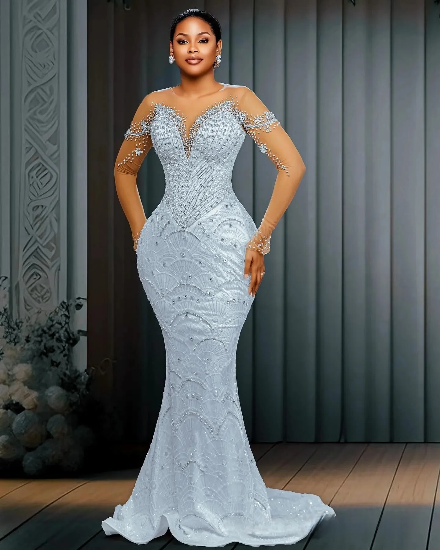 Customized African Plus Size Wedding Dresses For Bride Mermaid Bridal Gowns Detachable Train Sheer Neck Long Sleeves Illusion