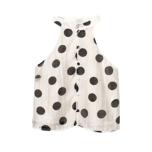 Imagen 2 del producto BSK & TRAF2025Top de temperamento simple sin mangas con cuello halter de lunares + pantalones cortos informales de lunares traje novedad de verano ropa de mujer