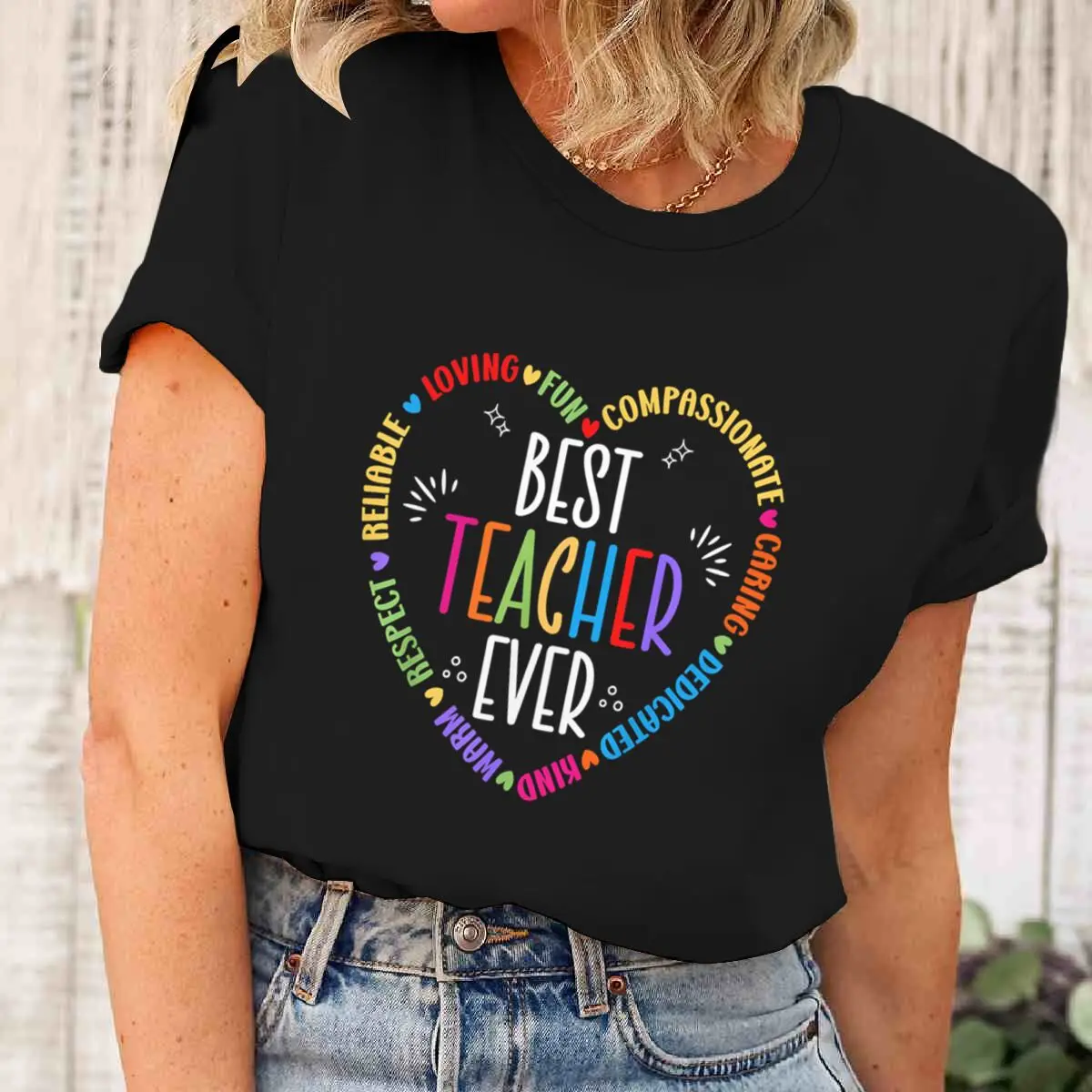 Best Teacher Ever Heart Graphic Tee Motivational Appreciation T-Shirt Daily Wear Teachers' Gifts Short Sleeve Women's T-shirts