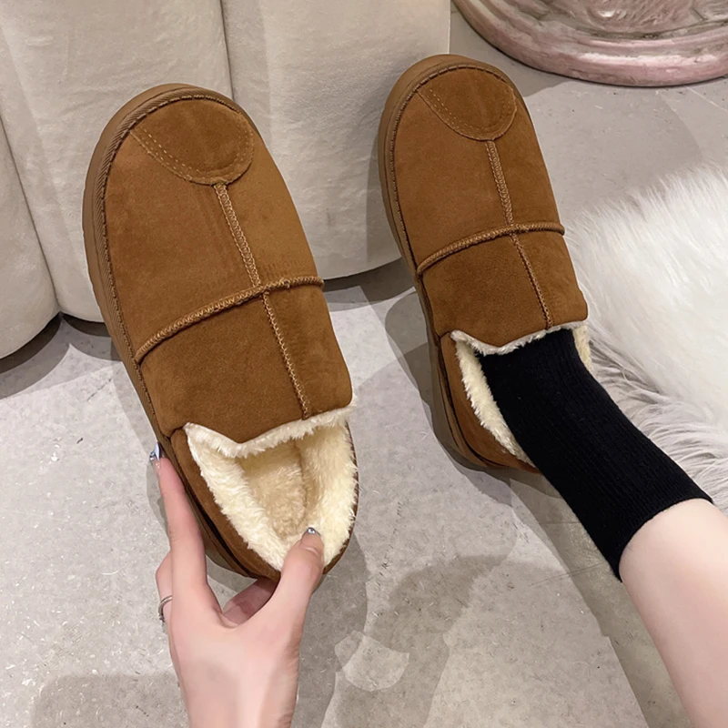 Round Toe Women\'s Shoes Platform Slip-on Loafers Fur Casual Female Sneakers Elegant Shallow Mouth Flats Soft Clogs Slip On Winte