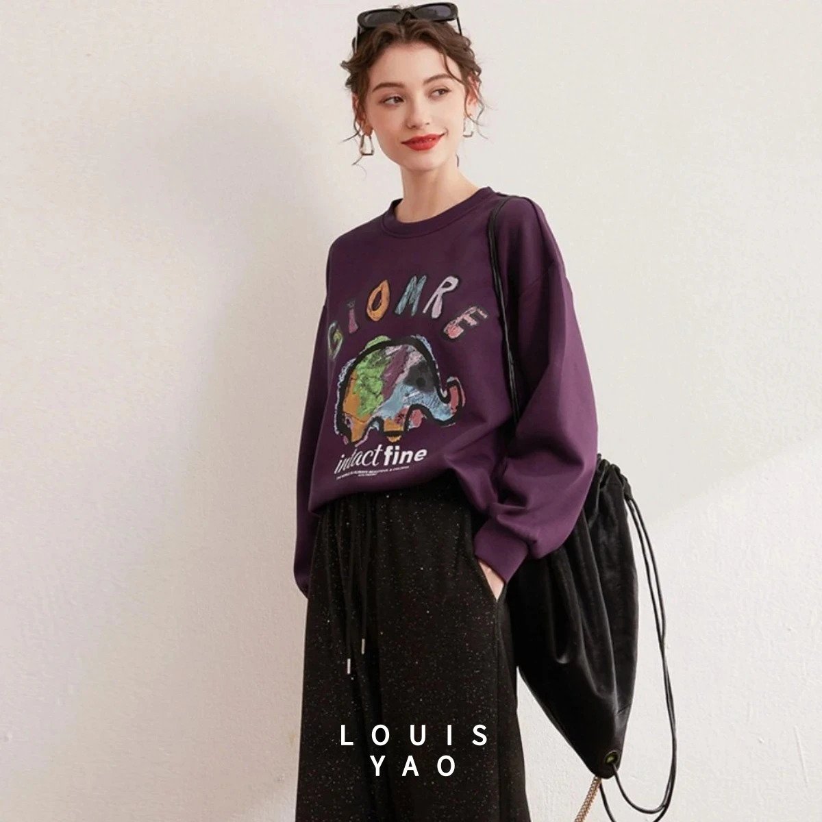 LOUISYAO Lazy Style Graffiti Sweatershirt 2025 Autumn Contrast Colo Loose Hoodies Round Neck Long Sleeve Top Chic Wear