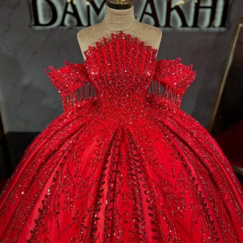 

Customized Shiny Red Quinceanera Dresses Off the Shoulder sequin crystal applique Lace Long tail Vestido 15 Quinceanera