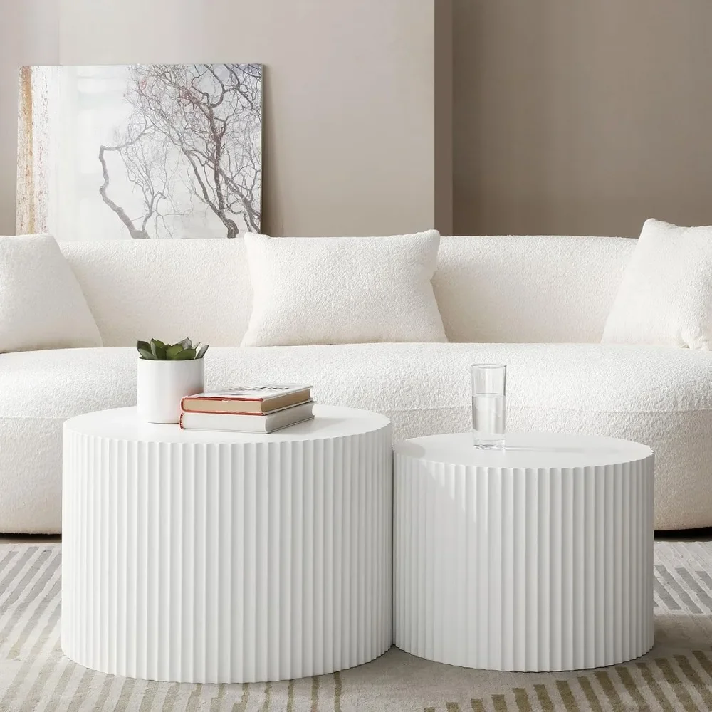 

Round Nesting Coffee Table Set of 2, Modern Handcraft Wood Side Table Drum Accent End Table Embossed Design Circular