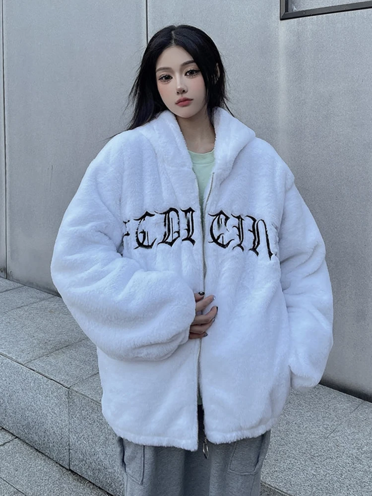 SONNEESD Streetwear Y2K Zipper Full Sleeve Hooded Coat Plush Turtleneck Vintage Harajuku Embroidery Fashion Jacket Cotton Coat