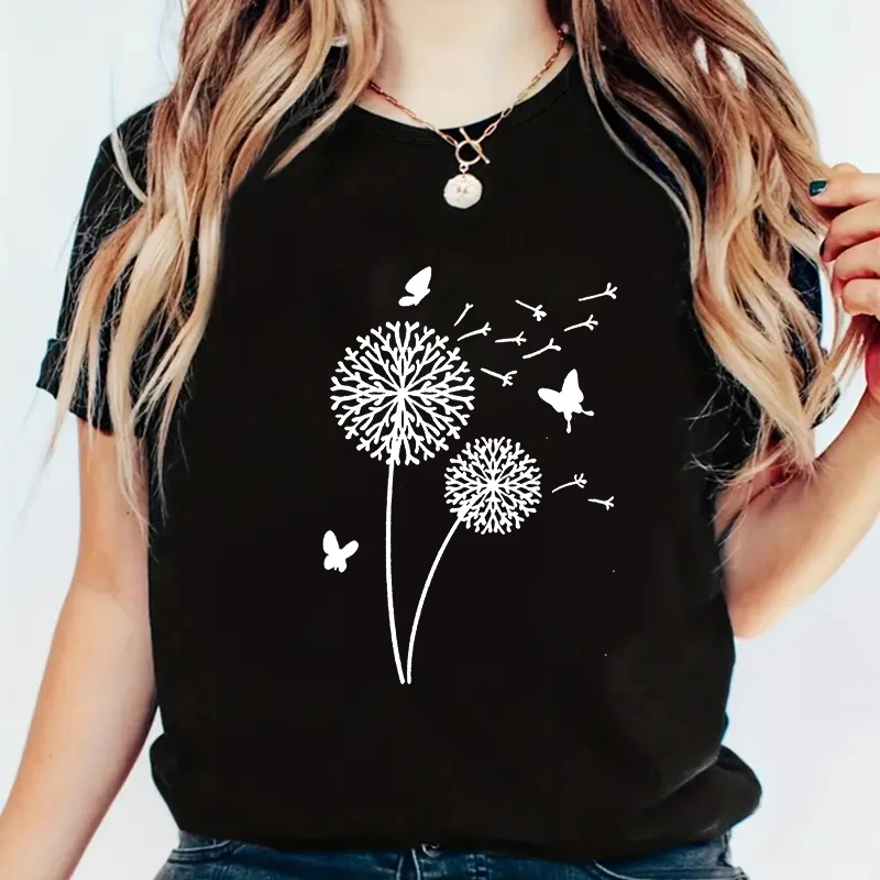 Dandelion impressão tripulação pescoço camiseta feminina menina harajuku y2k 90s casual manga curta topo para primavera verão, roupas femininas