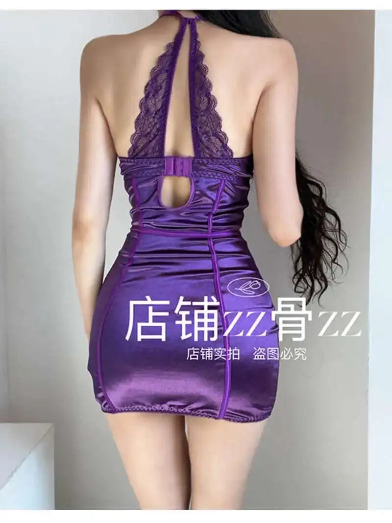 Nouvelle dentelle épissage Transparent Sexy hanche étreinte creux épaule enveloppé violet Mini robe douce chaude Sexy robe élégante