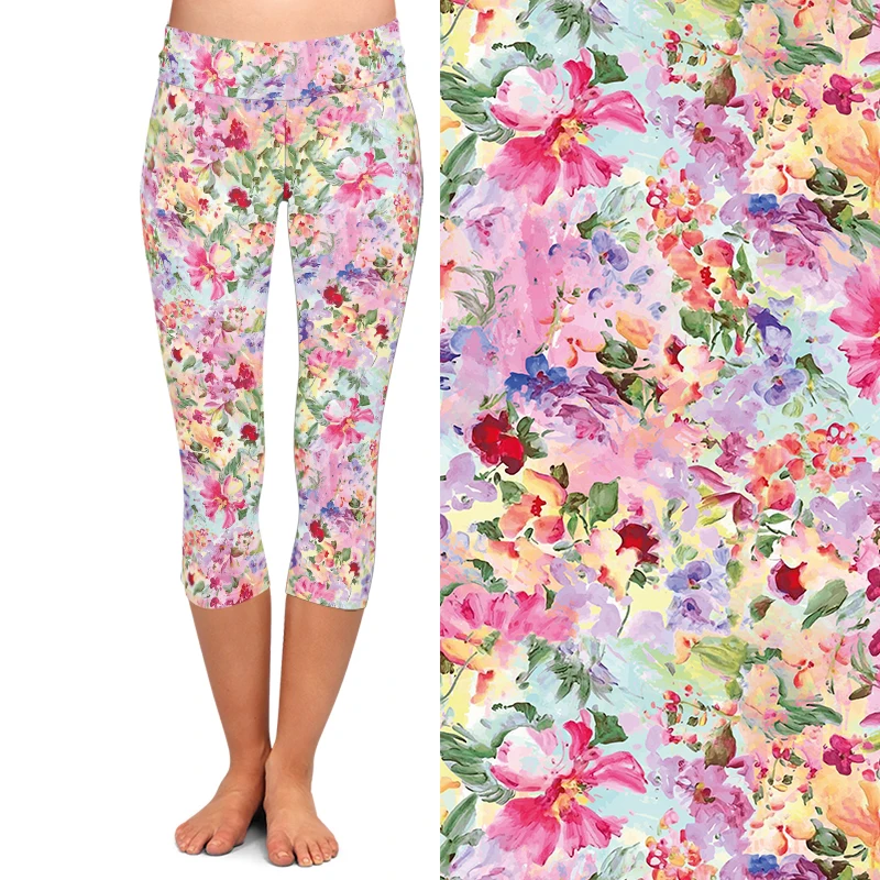 LETSFIND-Leggings Capri desenhadas à mão para mulheres, legging capri, stretch, magro, meio da panturrilha, 3/4, estampa floral, fitness, sexy, verão, novo