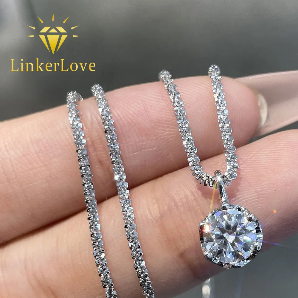LinkerLove Bling Chain 1CT Moissanite Pendant Necklace 925 Silver Shimmering Chain Hypoallergenic Fine Jewelry Gift for Women