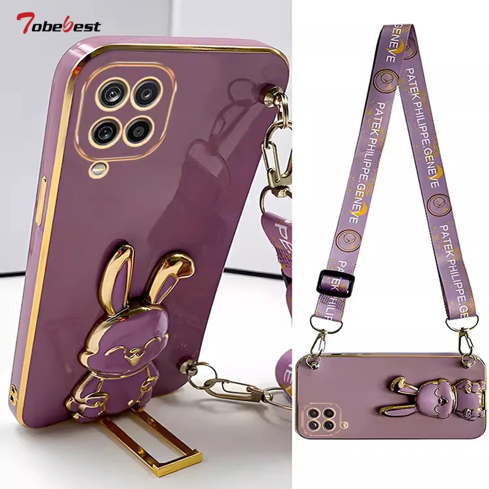 Crossbody Lanyard Rabbit bracket Plating Case for Samsung Galaxy M14 M54 M13 M33 M53 M12 M22 M32 M42 M62 M52 M31 M51 4G 5G Cover