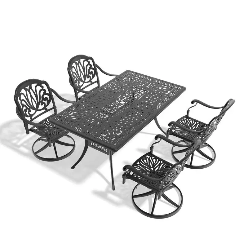 5-Piece Outdoor Cast Aluminum Dining Set with 4 Swivel Chairs and Rectangular Table, Black Frame