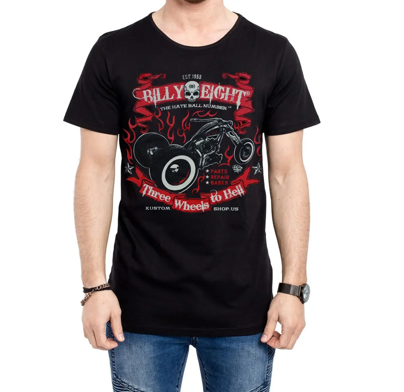 Billy Eight THREE WHEELS T SHIRT Biker Greaser Petrol Head Retro