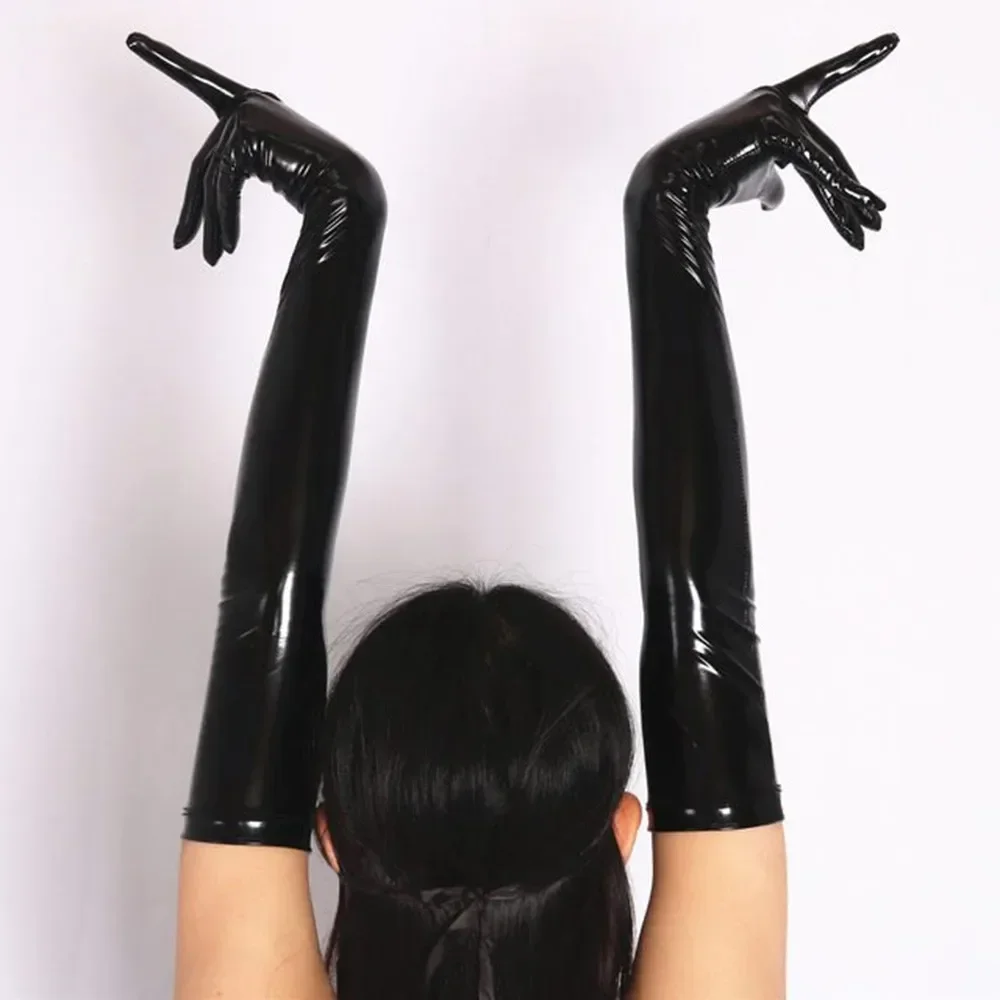 Gants longs en PVC brillant sexy, costume de danse de performance de club, noir et rouge