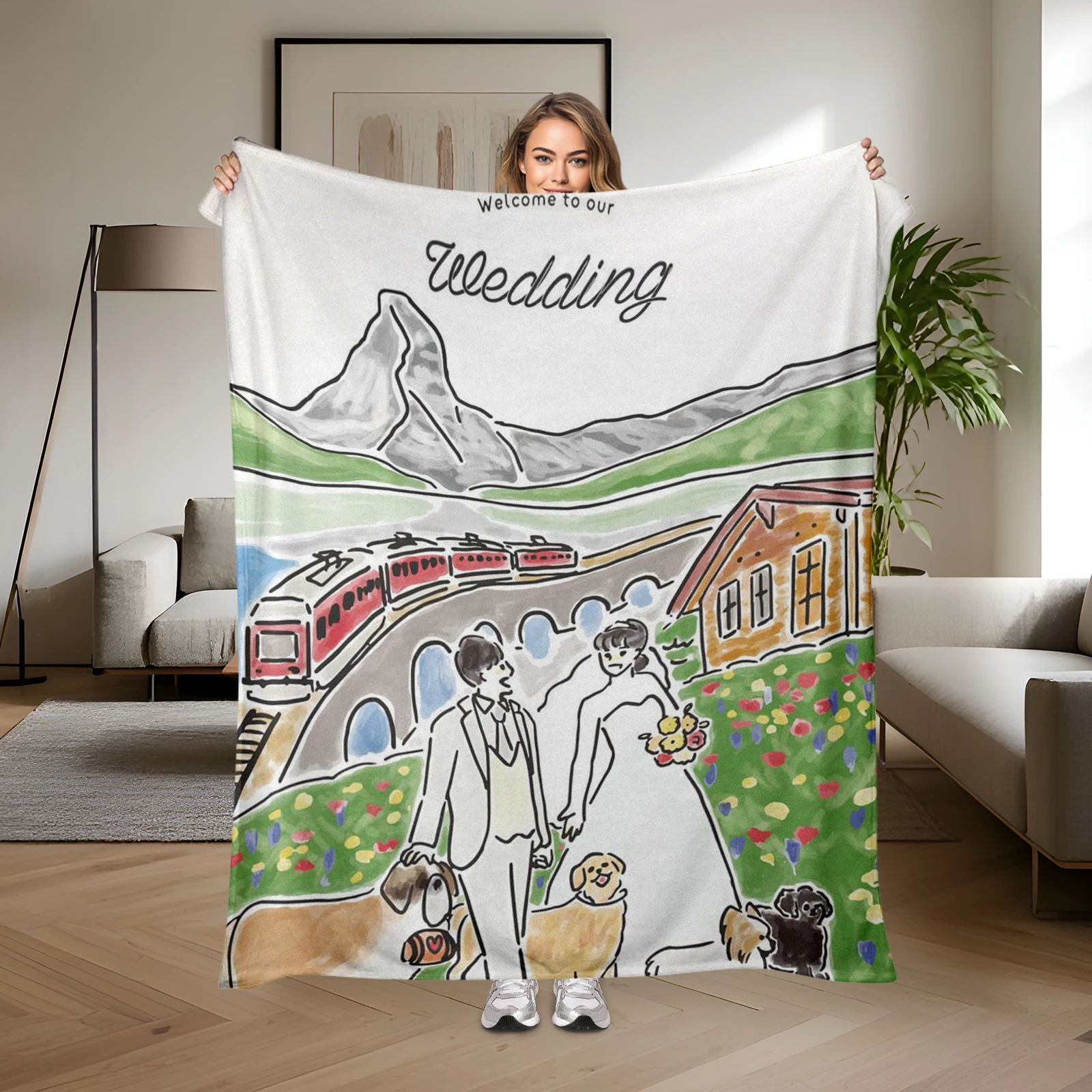 Schattige schets van pasgetrouwd stel op het treinstation, ideaal voor koppels die hun reis starten.