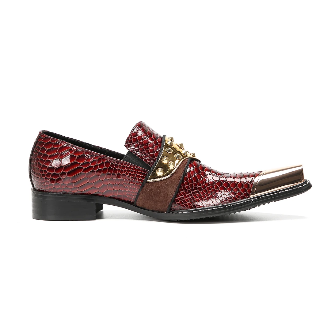 Men's Burgundy Snake-Print Leather Shoes with Gold-Plated Studded Buckle Urban Fashion Party Dress Shoes