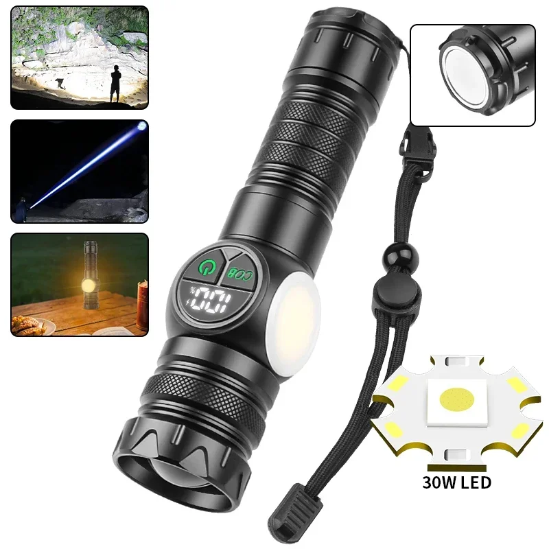 LED Flashlight Torches USB Rechargeable Searchlight Outdoor Waterproof Long Beam Transformer Focal Flashlight COB Side Lamp