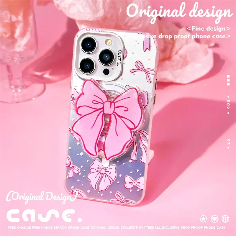 

Bow Holder Magnetic Scrub Laser Phone Case for IPhone 16 15 14 11 12 13 Pro XS Max Cover 7 8 Plus X XR SE Soft IPhone Case