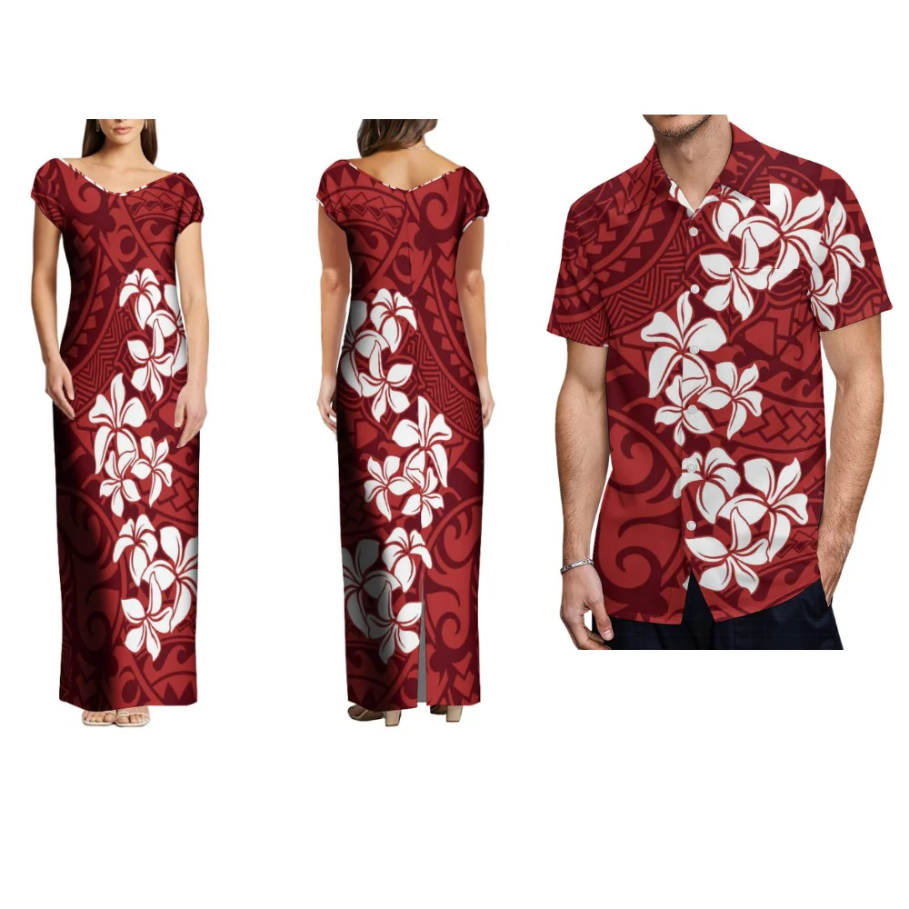 Polynesian Tribal Retro Summer Short-Sleeved V-Neck Women'S Dress Loose Long Dress Men'S Shirt Custom-Made Couple Set