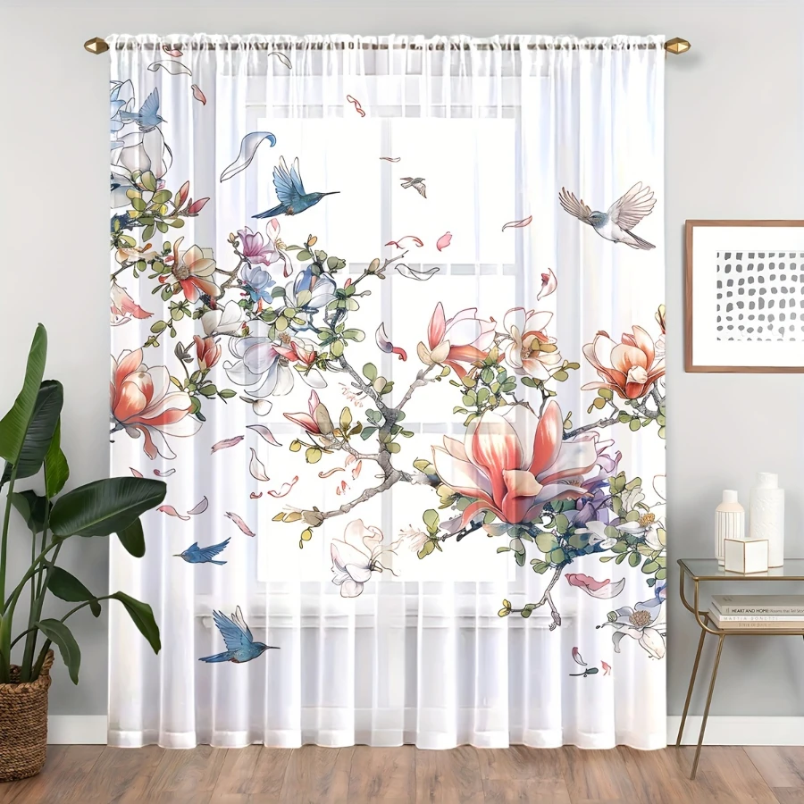 2PCS Digital Print Sheer Curtains, Flower Shadow Bird Pattern, Chinese Bird Flower Style for Living Room Bedroom Window Decor - view 2