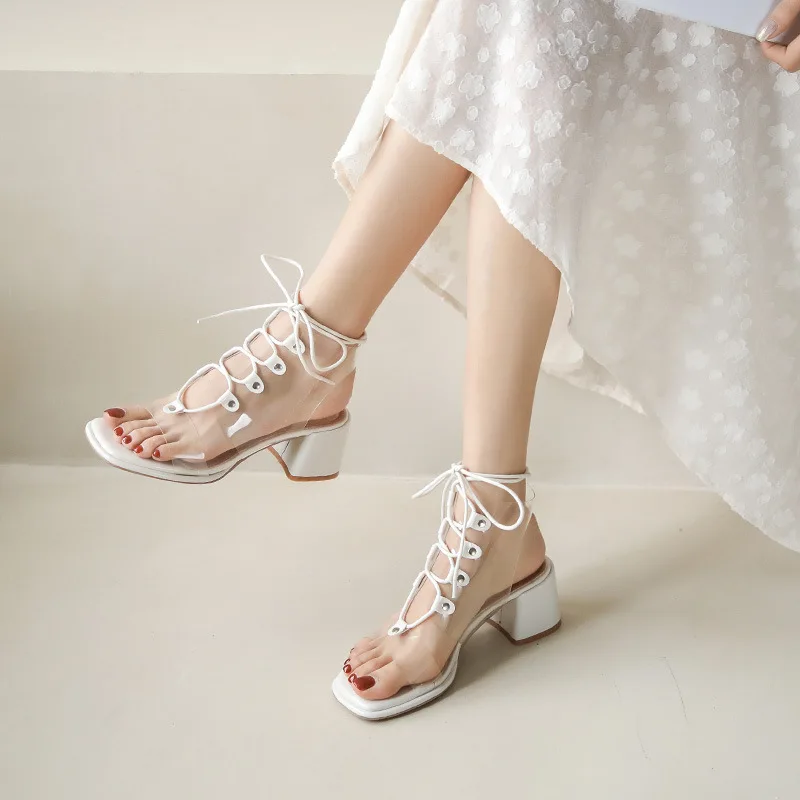 

Female Sandal Open Toe 2024 Summer Women's Low Shoes High Heels Girls Peep Low-heeled High-heeled Clear Retro New Block Leather